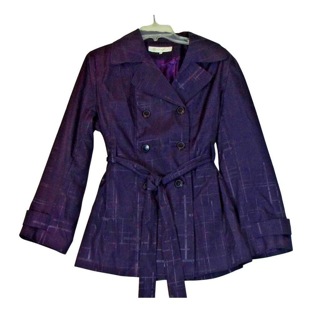 Warren Womens Purple Grid Print Double Breasted Belted Trench Coat Jacket XL